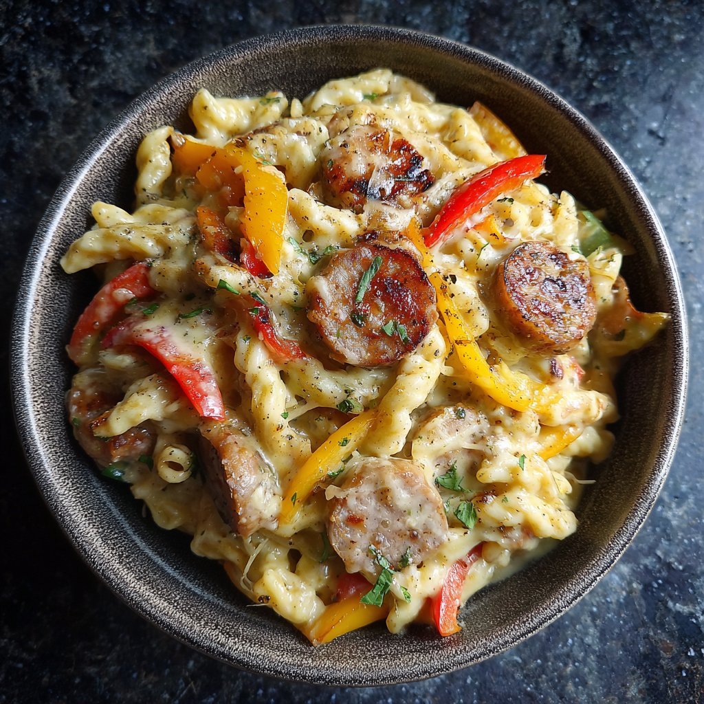 One Pot Cajun Sausage Pasta with Three Cheeses
